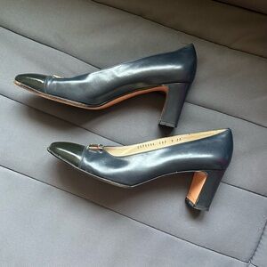Salvatore Ferragamo Heels- Elegant Navy Leathrr with Black Patent Toes Size 9
